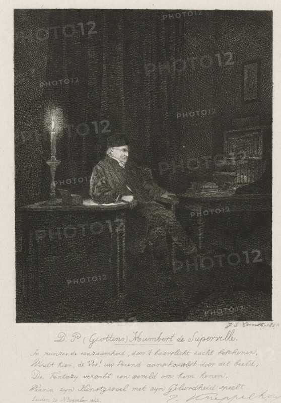Portrait of Humbert de Superville, print, Portrait of David Pierre Giottino Humbert de Superville, an artist and art collector. Humbert de Superville is sitting at his desk. The room is lit only by a candle. The print has a Dutch caption in four verses., caption: '9th proof', printmaker: Jacobus Ludovicus Cornet, Leiden, writer (clerical worker): Johannes Kneppelhout, 1851, writer (clerical worker), paper, etching, proof, width 175 mm x height 248 mm, Person, David Pièrre Giottino Humbert de Superville, A dark etching of an interior scene showing an older man seated at a table in profile, wearing a dark hat and heavy coat, his hands resting on the table and his face lit by a single tall candle in a candlestick to his left; the candle flame casts a glow on nearby papers and a small box on the table while the surrounding room is filled with dense crosshatched shading and a dimly outlined piece of furniture or shelving in the background.