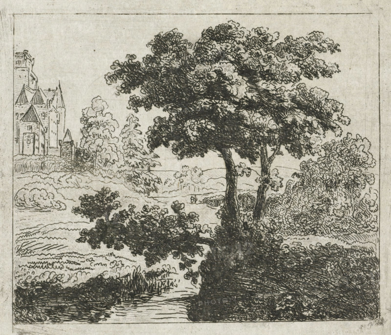 Landscape with church on a hill, print, printmaker: Johannes Adrianus van der Drift, Netherlands, 1823 - 1883, paper, chine collé, etching, etching on chine collé, height 100 mm x width 118 mm, landscape with other man-made constructions not mentioned above, e.g.: graveyards, playgrounds, An ink drawing shows a large tree with a dense, textured canopy occupying the right center, its trunk and branches rendered with dark, crosshatched lines; a smaller leafy tree and various shrubs and bushes surround it, their foliage depicted with lighter, swirling strokes; a winding body of water runs near the foreground with rippled line work along its banks; to the left, a building with steep roofs and a tall tower is partially visible behind landscaped terrain and clustered trees; the scene is framed by a thin rectangular border and rendered in monochrome on a textured paper background.
