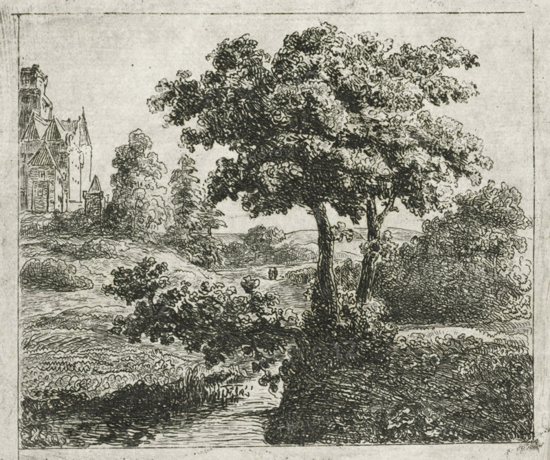 Landscape with church on a hill, print, printmaker: Johannes Adrianus van der Drift, Netherlands, 1823 - 1883, paper, chine collé, etching, etching on chine collé, height 100 mm x width 118 mm, landscape with other man-made constructions not mentioned above, e.g.: graveyards, playgrounds, An etching showing a landscape with two tall trees in the foreground, detailed leafy canopies and textured trunks, surrounded by dense shrubbery and foliage; a winding stream or path runs beneath and between the vegetation, with layered, closely hatched ground patterns; in the background to the left there is a cluster of architectural forms with pointed roofs and a taller tower partially obscured by trees; the sky area is mostly empty with a faint border line framing the scene.
