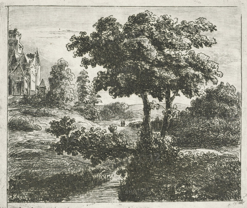 Landscape with church on a hill, print, printmaker: Johannes Adrianus van der Drift, Netherlands, 1823 - 1883, paper, chine collé, etching, etching on chine collé, height 100 mm x width 118 mm, landscape with other man-made constructions not mentioned above, e.g.: graveyards, playgrounds, A monochrome etching showing a landscape with large, leafy trees in the foreground, their trunks and dense foliage rendered with dark, textured lines, a winding river or stream flowing beneath and through grassy, brushy banks, and a cluster of buildings with pointed roofs and towers visible at the left edge; distant rolling hills and scattered smaller trees appear in the middle ground, and the sky is lightly hatched with fine horizontal strokes.