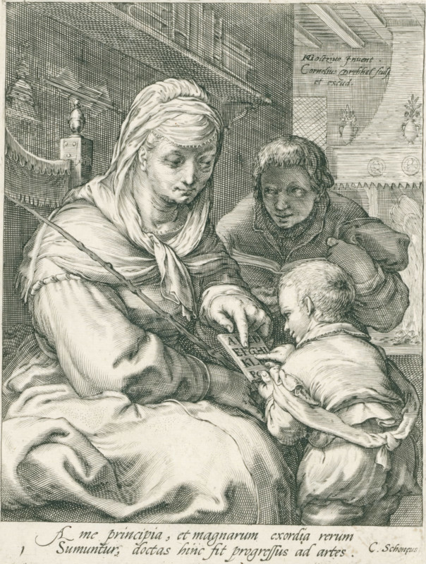 Grammar, The Seven Liberal Arts, print, Series number, 1, 7, Grammar: A pupil points out the letters of the alphabet on a reading board. An older boy looks over her shoulder. With a Latin caption by C. Schonaeus., printmaker: Cornelis Jacobsz. Drebbel, Netherlands, after design by Hendrick Goltzius, writer (clerical worker): Cornelius Schonaeus, Haarlem, 1587 - 1605, writer (clerical worker), paper, engraving, gravure, height 178 mm x width 132 mm, 'Grammatica' (, trivium), A detailed engraving showing three figures clustered together indoors. A seated woman wearing a headscarf and layered clothing looks down with a calm expression as she points at a small rectangular object held by a child. The child stands close to her, leaning forward and holding the object with both hands, his head bowed and his clothing gathered at the waist. Behind them a man leans in, looking toward the object with a focused gaze while one hand rests near the child's shoulder. The scene includes draped fabrics, ...