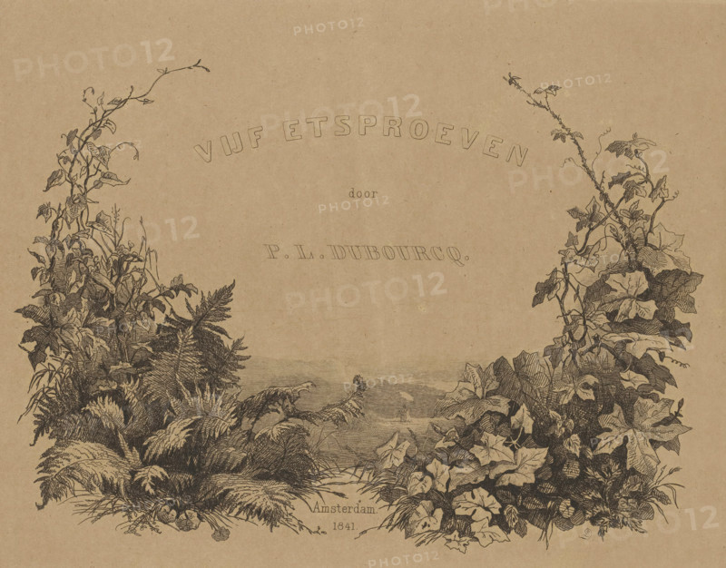 Artist at work in nature, Five etching proofs, wrapper, print, Cover for folder with five etching proofs. In a landscape, an artist sits under the protection of a parasol, working from nature. With a floral border of fern and ivy., printmaker: Pierre Louis Dubourcq, Netherlands, 1841, paper, etching, height 500 mm x width 365 mm, working situations of artist - BB - out of doors, A sepia-toned drawing shows dense, detailed foliage framing an open central space, with tall climbing vines and broad-leafed plants on both sides and ferns and smaller plants at the base; a narrow view of water is visible through the gap between the plant masses, and delicate line work and shading create texture on leaves and stems against a plain background.