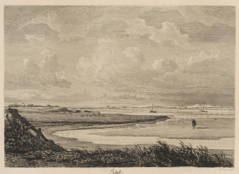 Texel, Six etching proofs, print, View of a bay on the coast of Texel with a mudflat walker. Across the bay, a flock of sheep. Two boats have run aground during the ebb tide., printmaker: Pierre Louis Dubourcq, Netherlands, 1849, paper, chine collé, etching, drypoint, roulette, intaglio printmaking technique, drypoint and roulette with plate tone on chine collé, height 207 mm x width 255 mm, gulf, bay, mud flat, A wide coastal landscape rendered in fine linework showing a broad sky filled with layered, billowing clouds above a flat shoreline with shallow water and tidal flats, a lone figure walking near the water's edge, small boats moored or anchored offshore, a distant windmill and low buildings on the horizon, grassy foreground dunes and a rough wooden fence or breakwater on the left, and delicate linear shading throughout to indicate texture and depth.