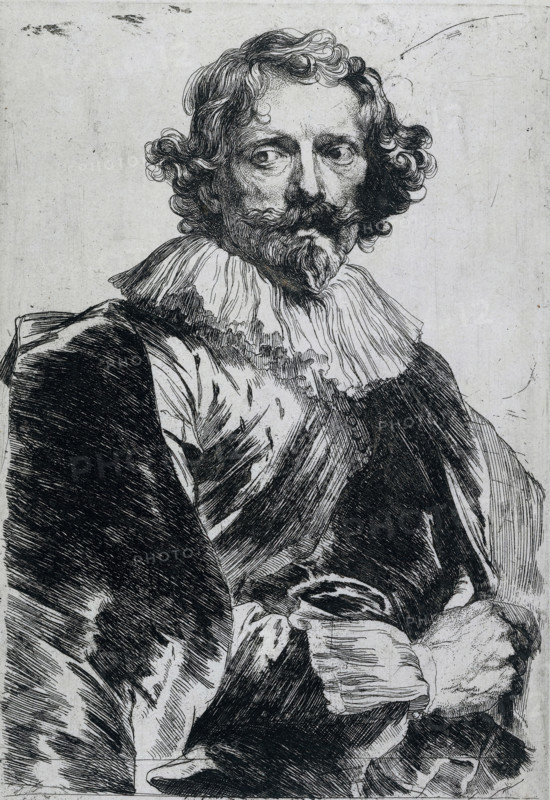 Portrait of Lucas Vorsterman I, Iconography, print, The painter and engraver Lucas Vorsterman I (1595-1675): knee-length, facing right. Vorsterman was already working as an engraver at the age of 12. In 1617 or 1618, he entered the studio of the Antwerp artist Peter Paul Rubens as an apprentice, where he received the title of Master in 1620. Rubens commissioned Vorsterman to make engravings after his paintings. The relationship deteriorated, and Vorsterman left for England in 1624. After his return around 1630, he worked for, among others, Anthony van Dyck., printmaker: Anthony van Dyck, Low Countries, 1630 - 1632, paper, etching, height 245 mm x width 156 mm, Person, Lucas Vorsterman (I), portrait, self-portrait of graphic artist, A black and white etched portrait of a man shown from the chest up wearing a large ruffled collar and voluminous garments with textured, crosshatched shading, his curly hair and moustache and goatee rendered in fine lines, his eyes looking slightly to the si...
