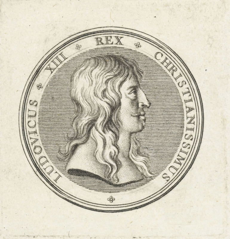 Coin with bust of Louis XIII, print, Obverse of a coin with bust in profile of Louis XIII, issued on the occasion of the birth of Louis XIV in 1638., printmaker: Gerard Edelinck, Paris, after drawing by Antoine Coypel, 1702, paper, engraving, height 56 mm x width 53 mm, Person, Louis XIII (King of France), A circular engraved medallion contains a profile bust of a man facing right with long wavy hair and a mustache, rendered with fine parallel lines for shading; concentric decorative rings surround the portrait and the background within the inner circle is filled with closely spaced horizontal lines; the paper shows light aging and small specks and the lower area outside the medallion is mostly blank with subtle texture.