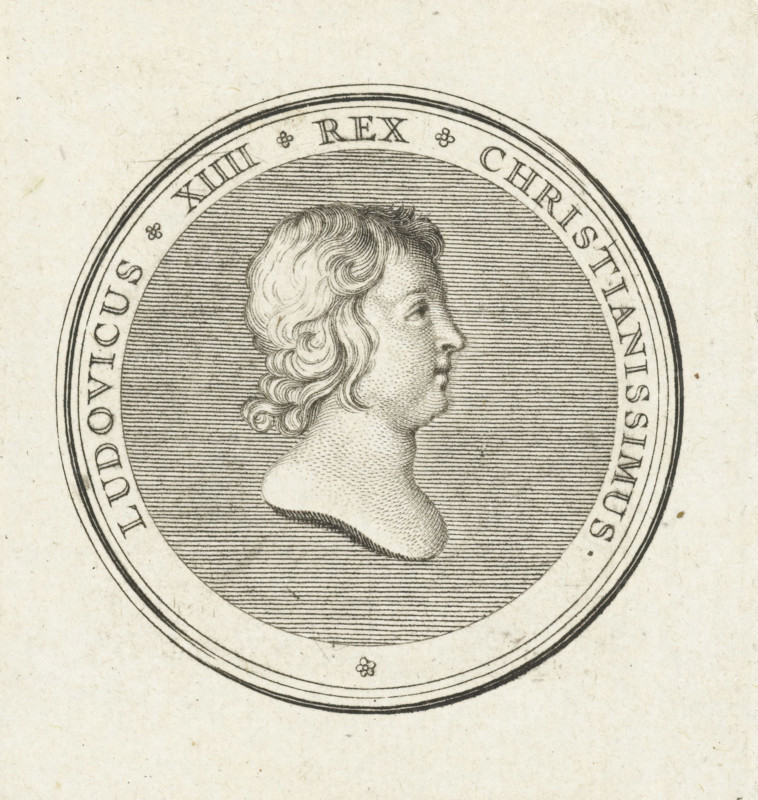 Coin with bust of Louis XIV, print, Obverse of a coin with a profile bust of the young Louis XIV, first issued after the death of his father, Louis XIII in 1643., printmaker: Gerard Edelinck, Paris, after drawing by Antoine Coypel, 1702, paper, engraving, height 58 mm x width 53 mm, Person, Louis XIV (King of France), An oval medallion with a profile bust of a person facing right, rendered in fine engraved lines and dot shading, showing wavy hair and facial features, set against a densely lined background and surrounded by concentric circular borders with decorative small floral motifs.