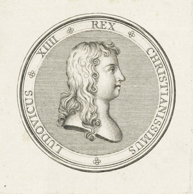 Coin with bust of Louis XIV, print, Obverse of a coin with bust in profile of Louis XIV, first issued on the occasion of the regency of his mother in 1643., printmaker: Gerard Edelinck, Paris, after drawing by Antoine Coypel, 1702, paper, engraving, height 56 mm x width 54 mm, Person, Louis XIV (King of France), An engraved circular medallion featuring a profile bust of a man facing right with long wavy hair cascading past his shoulders, finely stippled skin texture, and a pronounced nose, set against a densely lined background within concentric ornamental borders.