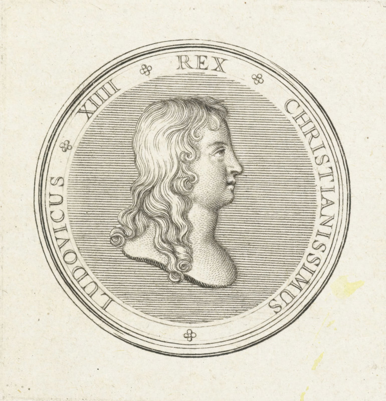Coin with bust of Louis XIV, print, Obverse of a coin with bust in profile of Louis XIV, first issued after the Battle of Rocroi in 1643., printmaker: Gerard Edelinck, Paris, after drawing by Antoine Coypel, 1702, paper, engraving, height 57 mm x width 54 mm, Person, Louis XIV (King of France), A circular engraved medallion with a scalloped outer rim enclosing a finely lined oval field that frames a profile portrait of a person facing right with long wavy hair cascading past the shoulders and a smooth neck, the face rendered with detailed line work for hair texture and skin shading, surrounded by decorative small floral motifs placed around the inner border, all printed on a textured off-white paper with faint spots and discoloration.