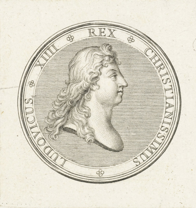 Coin with bust of Louis XIV, print, Obverse of a coin with bust in profile of Louis XIV., printmaker: Gerard Edelinck, Paris, after drawing by Antoine Coypel, 1702, paper, engraving, height 57 mm x width 54 mm, Person, Louis XIV (King of France), A detailed circular engraving of a profile bust facing right occupies the upper half of the image, showing a person with long, wavy hair rendered in fine parallel and curved lines, with textured stippling on the face and neck; the bust is set against a densely hatched background within concentric decorative borders that include small floral motifs and segmented bands; the surrounding paper has a slightly aged, speckled texture.