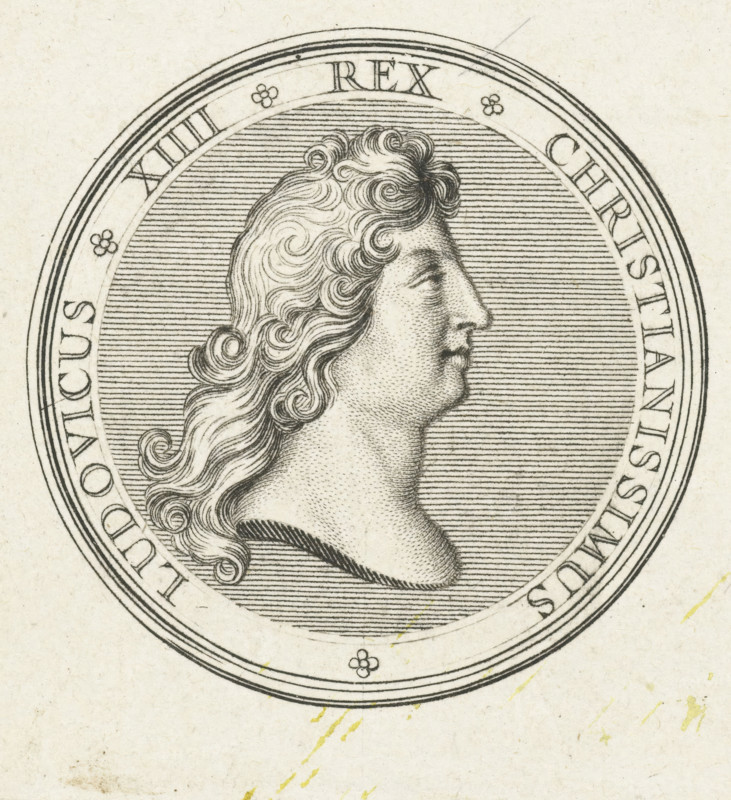 Coin with bust of Louis XIV, print, Obverse of a coin with bust in profile of Louis XIV., printmaker: Gerard Edelinck, Paris, after drawing by Antoine Coypel, 1702, paper, engraving, height 56 mm x width 53 mm, Person, Louis XIV (King of France), An engraved circular medallion showing a profile portrait of a person with wavy, curled hair flowing down the neck, rendered with fine parallel lines in the background and stippled shading on the face and neck, surrounded by a decorative double-ring border and small floral motifs, all on aged, lightly speckled paper with faint yellowish smudges near the lower area.