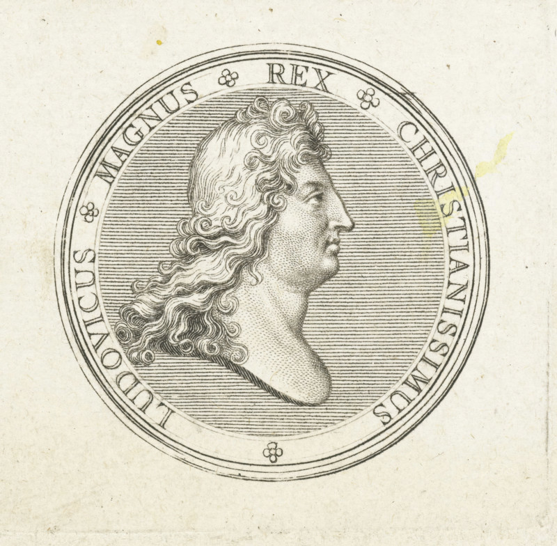 Coin with bust of Louis XIV, print, Obverse of a coin with bust in profile of Louis XIV., printmaker: Gerard Edelinck, Paris, after drawing by Antoine Coypel, 1702, paper, engraving, height 54 mm x width 56 mm, Person, Louis XIV (King of France), A circular engraved medallion occupies the upper half of the image, showing a profile bust of a person facing right with long wavy hair rendered in fine curling lines and a textured skin pattern, set against a background of closely spaced horizontal lines; the medallion has concentric borders and small decorative floral motifs between borders, and the surrounding paper shows light discoloration and small specks and stains.