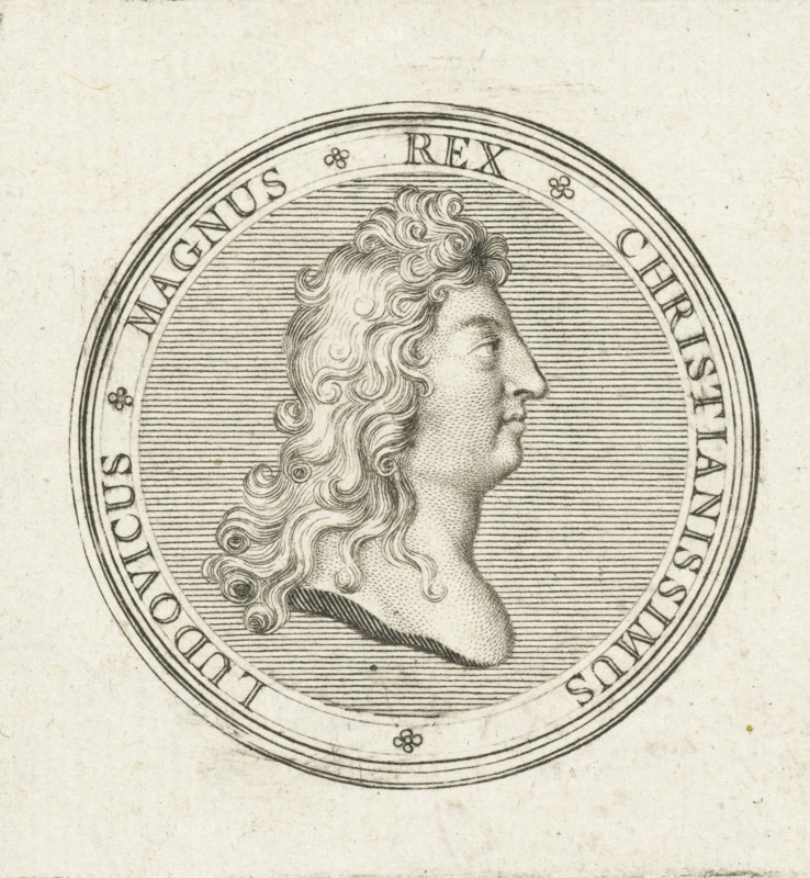Coin with bust of Louis XIV, print, Obverse of a coin with bust in profile of Louis XIV., printmaker: Gerard Edelinck, Paris, after drawing by Antoine Coypel, 1702, paper, engraving, height 56 mm x width 54 mm, Person, Louis XIV (King of France), A detailed engraved profile of a person facing right is centered inside a circular medallion with concentric borders; the figure has long, wavy hair with curls rendered in fine lines and a textured face made of stippling and hatching, a straight nose, and a defined chin and neck; the background within the inner circle consists of closely spaced horizontal lines; small floral motifs appear at intervals on the border; the engraving is on a lightly textured, aged paper with subtle speckles and faint stains.