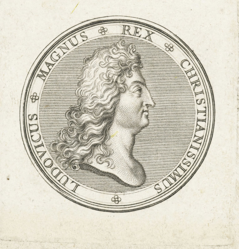 Coin with bust of Louis XIV, print, Obverse of a coin with bust in profile of Louis XIV., printmaker: Gerard Edelinck, Paris, after drawing by Antoine Coypel, 1702, paper, engraving, height 57 mm x width 54 mm, Person, Louis XIV (King of France), An engraved circular medallion featuring a right-facing profile of a person with long, wavy hair rendered in fine parallel lines and stippling, surrounded by concentric decorative borders and a textured background of horizontal lines, all printed on aged, slightly speckled paper.