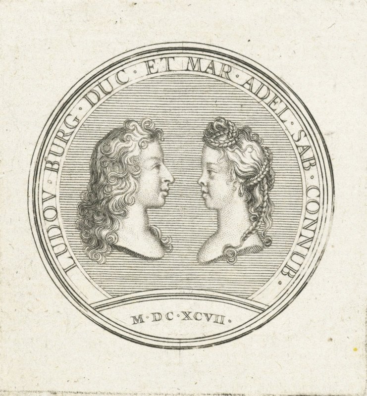 Coin with busts of the Duke and Duchess of Burgundy, print, Reverse of a coin with profile busts of Louis, Duke of Burgundy and Maria Adelaide of Savoy, facing each other. The coin is dated 1697: the year of their marriage., printmaker: Gerard Edelinck, Paris, 1702, paper, engraving, height 62 mm x width 58 mm, Person, Louis of France (Duke of Burgundy), Maria Adelaide of Savoy, An engraved circular medallion centered on a textured light background shows two classical-style busts in profile facing each other, one with long curly hair and the other with braided hair and a small crown of braids, both rendered with fine line shading and stippling; the medallion is surrounded by concentric borders with closely spaced horizontal lines filling the inner field and decorative bands around the rim, and there is a curved cartouche at the lower edge of the medallion.