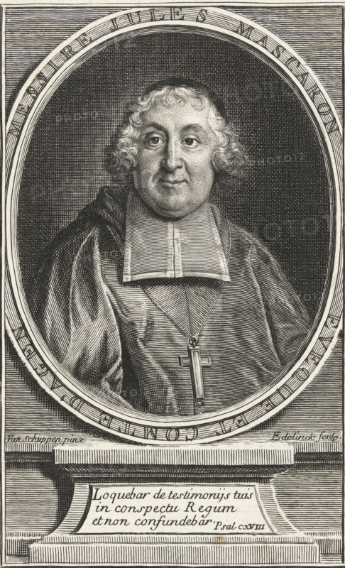 Portrait of Jules Mascaron, print, Portrait of the French preacher and bishop Jules Mascaron (1634-1703), depicted in an oval frame with text. Below the frame, a console with three lines of text in Latin., printmaker: Gerard Edelinck, France (possibly), after painting by Pieter van Schuppen, unknown, 1666 - 1707, paper, engraving, gravure, height 130 mm x width 83 mm, Person, Jules Mascaron, An engraved portrait of a man shown from the chest up inside an oval frame, wearing clerical robes with a broad square collar and a pendant cross on a chain, with short curly hair and a round face rendered in fine line work; the oval sits on a plinth with an inscribed panel and decorative molding, and the background features dense crosshatching and lined shading.