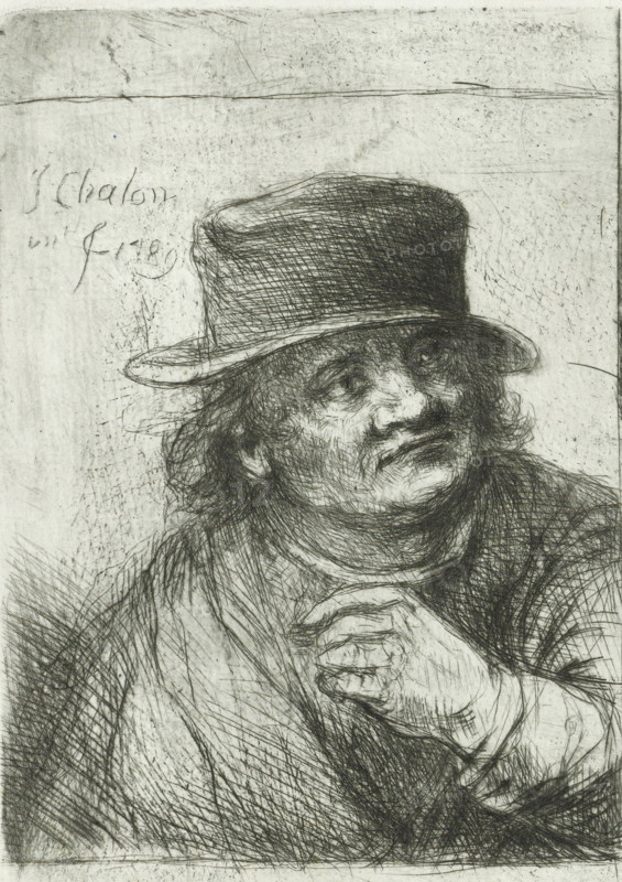 Two male portraits, print, Two portraits on an uncut sheet. The left portrait is of an unknown man with a hat. Bust facing right. The right portrait is of an old man with a beard and a fur coat. Bust facing left., printmaker: Jan Chalon, Northern Netherlands (possibly), 1789, paper, etching, drypoint, etching and drypoint on uncut sheet, height 110 mm x width 150 mm, morphology of human expression (old male (human being)), A monochrome etched portrait of a person wearing a rounded brim hat, shown from the chest upward, with tousled hair visible beneath the hat and a mustache on the face; the person’s head is tilted slightly and the eyes look upward, while one hand is raised near the chest with fingers curled; the image is composed of dense cross-hatched lines and scratches creating textured shading across the hat, face, clothing, and background.