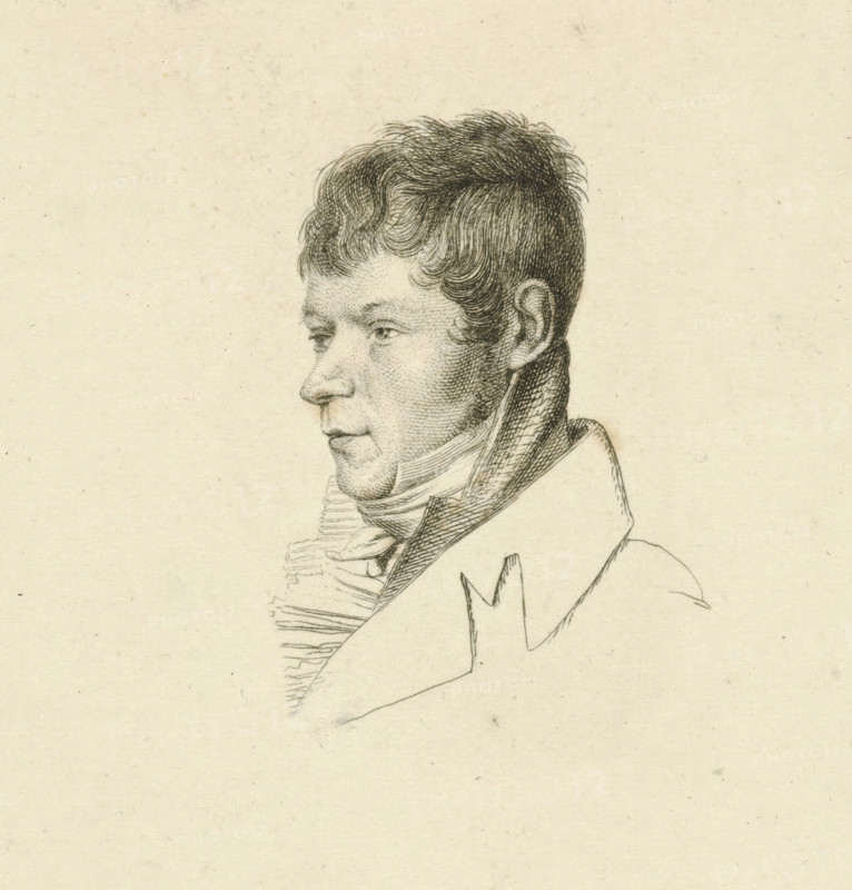 Portrait of Anthony Oberman, print, Bust of the artist Anthony Oberman., printmaker: Jacob Ernst Marcus, Amsterdam, after drawing by Hendrik Willem Caspari, 1812, paper, etching, print from a partially paper-covered plate, height 140 mm x width 101 mm, Etudes gravées. Amsterdam: S. de Grebber, 1826., Person, Anthony Oberman, A side-profile sketch of a man with short wavy hair and defined facial features, showing his eye, nose, mouth, ear, and a hint of sideburns; he wears a high-collared coat and a scarf wrapped around his neck, with fine line shading and stippling used for texture on the face, hair, and clothing against a plain, lightly speckled background.