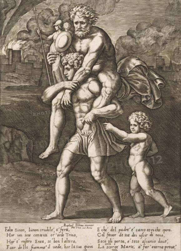Aeneas and his family flee from Troy, print, Aeneas walks with his father Anchises on his back. In his right hand, Anchises carries the household gods (Penates). Behind Aeneas walks his son Ascanius. In the background, burning Troy. Italian text in two columns in bottom margin., number: '1', collector's mark: 'Hinloopen', printmaker: Master of the Dice, Italy, after design by Raphael, publisher: Philippe Thomassin, Rome, c. 1530 - c. 1560, Master of the Dice, Raphael, Philippe Thomassin, printmaker, after design by, publisher, paper, engraving, intaglio printmaking technique, engraving with plate tone, height 257 mm x width 187 mm, 'Pius Aeneas': Aeneas, leading Ascanius, escapes from burning Troy, carrying his father Anchises with the Penates, his wife Creusa, who sets out with them, is lost on the way, A monochrome engraving showing three nude or partially draped male figures walking on a ground plane with a walled city and plumes of smoke in the background. In the foreground a muscu...