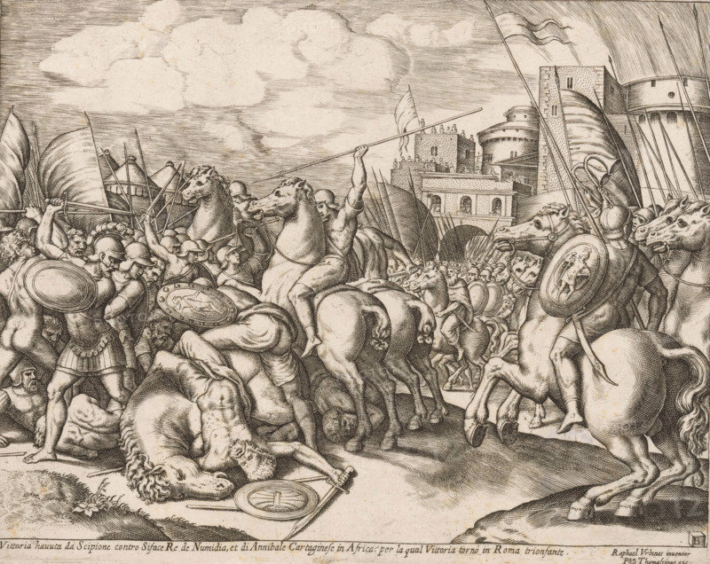 Victory of Scipio over King Syphax, print, A battle with soldiers on foot and on horseback. On the right in the background, the walls of a city from which people are watching. A line of Italian text in the lower margin., collector's mark: 'Hinloopen', printmaker: Master of the Dice, Italy, after design by Raphael, publisher: Philippe Thomassin, c. 1530 - c. 1560, Master of the Dice, Raphael, Philippe Thomassin, printmaker, after design by, publisher, paper, engraving, intaglio printmaking technique, engraving with plate tone, height 202 mm x width 253 mm, battle, (story of) P. Cornelius Scipio Africanus Major, A busy battle scene rendered in fine line work shows armored soldiers, horsemen, and fallen figures crowded across the composition; horses rear and stride, riders wield long spears and round shields, some shields bearing carved figures, while helmets, plumed hats, and cuirasses appear on many combatants; in the background a fortified town with towers, walls, and people standing o...