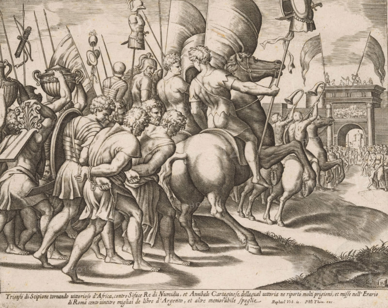 Triumph of Scipio, print, Triumphal procession of Scipio Africanus in Rome after his victory over the Carthaginian army. Behind the victors on horseback walk the chained vanquished. On the right a triumphal arch. Two lines of Italian text in the lower margin., collector's mark: 'Hinloopen', printmaker: Master of the Dice, Italy, after design by Raphael, publisher: Philippe Thomassin, c. 1530 - c. 1560, Master of the Dice, Raphael, Philippe Thomassin, printmaker, after design by, publisher, paper, engraving, intaglio printmaking technique, engraving with plate tone, height 200 mm x width 253 mm, triumphal arch, triumph of Scipio, A detailed monochrome engraving shows a procession of muscular, bare-chested men and soldiers moving toward a large ornate arch in the background; many figures are shown from the back or in three-quarter view, wearing short tunics or armor and carrying spears, banners, helmets, and decorative vessels, while some lead or ride horses whose flanks and hindquarters...