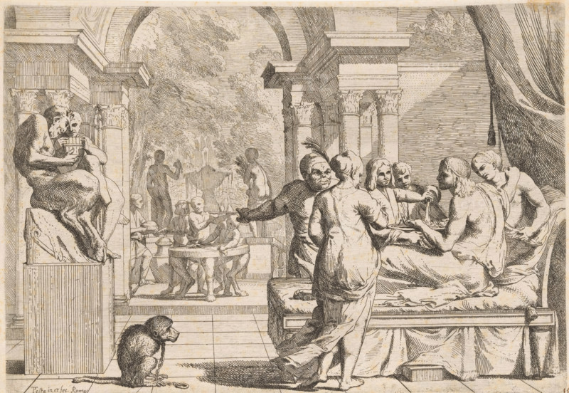 The prodigal son squanders his inheritance, Story of the prodigal son, L' Historia Del Figliolo prodigo, print, The prodigal son on the right on a bed, surrounded by women. On the left a sculpture with two satyrs and on the ground a chained monkey. In the background servants and a fountain., number: '18', collector's mark: 'Hinloopen', printmaker: Pietro Testa, Rome, c. 1621 - 1650, paper, etching, intaglio printmaking technique, etching with plate tone, height 209 mm x width 298 mm, monkeys, apes, the prodigal son in the midst of prostitutes feasting and dissipating his patrimony, usually in a brothel or inn, A detailed ink drawing shows a scene set within a columned interior opening onto an outdoor area with trees and a fountain; in the foreground, a reclining bearded man on a cushioned bench extends a cup while seated draped in cloth, surrounded by standing and seated figures who present dishes and hold serving implements; a woman with her back turned approaches carrying a tray, and...