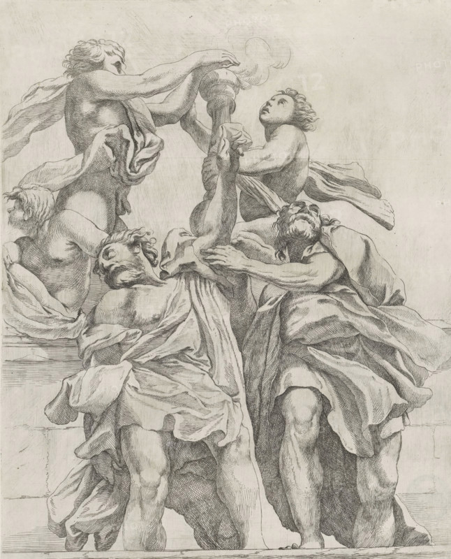Two apostles and three angels, Dome decorations by Correggio in the S. Giovanni Evangelista in Parma, print, Two apostles in front of and three naked figures (possibly angels) on a wall., number: '14', printmaker: Giovanni Battista Vanni, Italy, after painting by Correggio, Parma (city), 1609 - 1660, paper, etching, intaglio printmaking technique, etching with plate tone, height 371 mm x width 298 mm, A detailed monochrome engraving shows a group of draped figures clustered around a tall twisted column or torch. Muscular torsos, limbs, and flowing garments are rendered with fine crosshatching and contour lines. Two figures near the top reach upward, one holding the column while the other extends an arm over it, and a curl of smoke or vapor rises from the column. Faces display varied expressions and turned gazes, with hair depicted in soft curls and waves. The lower bodies of the figures are partly visible beneath heavy, folded drapery that cascades into deep shadowed folds. The backgro...
