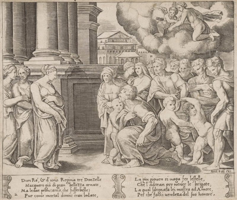 Psyche as a goddess worshipped by the people, Story of Cupid and Psyche, print, Series number, 2, 32, On the left stands the king's daughter Psyche and on the right the people offering sacrifices to her. In the upper right the jealous Venus and her son Cupid. Italian text in two cartouches in the lower margin. Numbered lower left: 3 and 2., collector's mark: 'Hinloopen', number: '30', printmaker: Master of the Dice, Italy, after design by Michiel Coxie (I), publisher: Antonio Salamanca, Rome, c. 1530 - c. 1560, paper, engraving, intaglio printmaking technique, engraving with plate tone, height 200 mm x width 237 mm, A detailed monochrome engraving shows a classical architectural setting with large fluted columns and a stepped platform on the left and a group of buildings with arched openings in the middle distance. In the foreground a crowd of figures in flowing drapery are arranged across the scene, including seated and standing adults and several children with rounded faces; one seat...