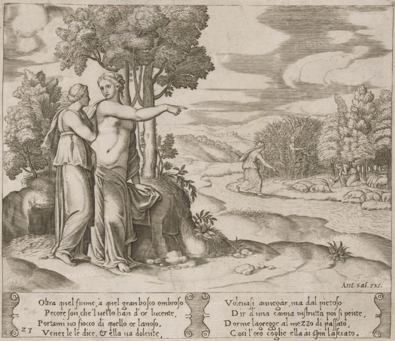 Psyche Collects Golden Wool, Story of Amor and Psyche, print, Series number, 23, 32, Venus instructs Psyche to collect wool from a flock of sheep with a golden fleece. On the left, Venus points Psyche towards the sheep on the other side of a river. On the right, Psyche with the sheep and among the reeds that whispered advice to her on how to collect the wool. Italian text in two cartouches in the lower margin. Numbered twice lower left: 23., number: '11', collector's mark: 'Hinloopen', printmaker: Master of the Dice, Italy, after design by Michiel Coxie (I), publisher: Antonio Salamanca, Rome, c. 1530 - c. 1560, Master of the Dice, Michiel Coxie (I), Antonio Salamanca, printmaker, after design by, publisher, paper, engraving, intaglio printmaking technique, engraving with plate tone, height 203 mm x width 235 mm, A detailed engraving shows two figures standing on a rocky ledge beside a group of trees, one figure partially draped and pointing toward the right while the other stands clos...
