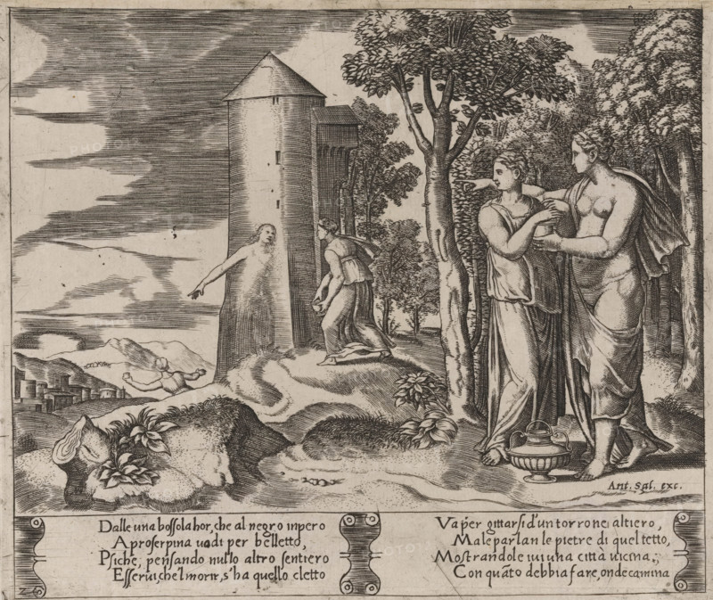 Psyche on her way to the Underworld, Story of Amor and Psyche, print, Series number, 24, 32, Venus instructs Psyche to descend into the Underworld and bring back a jar filled with the beauty of Proserpina, the queen of the Underworld. On the left, Psyche by the tower giving her advice. Italian text in two cartouches in the lower margin. Numbered lower left: 24., collector's mark: 'Hinloopen', number: '8', printmaker: Master of the Dice, Italy, after design by Michiel Coxie (I), publisher: Antonio Salamanca, Rome, c. 1530 - c. 1560, Master of the Dice, Michiel Coxie (I), Antonio Salamanca, printmaker, after design by, publisher, paper, engraving, intaglio printmaking technique, engraving with plate tone, height 200 mm x width 237 mm, A monochrome etched scene showing a landscape with rocky foreground and scattered foliage, a large tree near the center, and dense trees at the right edge. Three draped female figures stand at the right, two facing each other with one touching the other's a...