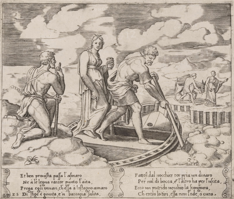 Psyche in Charon's Ferry, Story of Amor and Psyche, print, Series number, 25, 32, Psyche stands in the boat of the ferryman Charon who takes her to the other side of the River Styx. On the other side of the river lies the underworld, where Psyche encounters a man with a donkey. Italian text in two cartouches in the lower margin. Numbered twice lower left: 25., collector's mark: 'Hinloopen', number: '7', printmaker: Master of the Dice, Italy, after design by Michiel Coxie (I), publisher: Antonio Salamanca, Rome, c. 1530 - c. 1560, paper, engraving, intaglio printmaking technique, engraving with plate tone, height 197 mm x width 234 mm, A detailed black and white engraving showing figures near a small boat on a rocky shore under a sky with large clouds; in the foreground a bearded man kneels on a rock holding a staff, a robed woman stands nearby holding a cup and wearing a long dress with drapery, and a muscular man leans over the boat grasping an oar; the boat is moored among rocks and ...