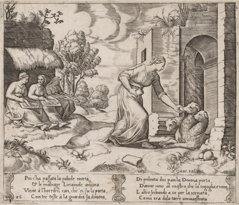 Psyche Leading Cerberus, Story of Amor and Psyche, print, Series number, 26, 32, Psyche leads Cerberus, the three-headed dog that guards the entrance to the underworld. On the left, the three Fates, spinning the threads of life for humans. Italian text in two cartouches in the lower margin. Numbered twice lower left: 26., number: '6', collector's mark: 'Hinloopen', printmaker: Master of the Dice, Italy, after design by Michiel Coxie (I), publisher: Antonio Salamanca, Rome, c. 1530 - c. 1560, Master of the Dice, Michiel Coxie (I), Antonio Salamanca, printmaker, after design by, publisher, paper, engraving, intaglio printmaking technique, engraving with plate tone, height 200 mm x width 235 mm, A monochrome engraving shows a landscape with a woman in a long draped dress bending forward to offer something to a group of three dogs gathered at the base of a stone doorway and steps; to the left three seated women hold boards on their laps and appear to be working with their hands beneath a t...