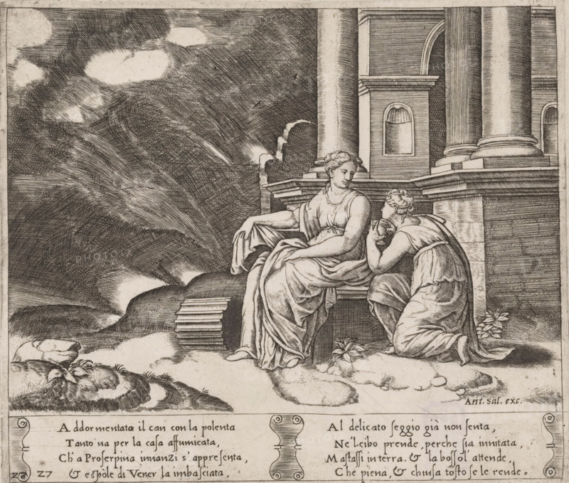 Psyche receives the jar with Proserpina's beauty, Story of Amor and Psyche, print, Series number, 27, 32, In the underworld, Psyche receives the jar filled with the beauty of Proserpina, the queen of the underworld. Italian text in two cartouches in the lower margin. Numbered twice lower left: 27., number: '4', collector's mark: 'Hinloopen', printmaker: Master of the Dice, Italy, after design by Michiel Coxie (I), publisher: Antonio Salamanca, Rome, c. 1530 - c. 1560, paper, engraving, intaglio printmaking technique, engraving with plate tone, height 204 mm x width 239 mm, A black and white engraved scene shows two robed women seated on a carved stone ledge in front of a classical building with tall fluted columns and arched niches; one woman sits more upright with draped fabric over her lap and an arm resting on the ledge while the other kneels beside her, leaning forward with a hand near her face; below them the ground is rocky with small plants and textured stones, and above to the ...