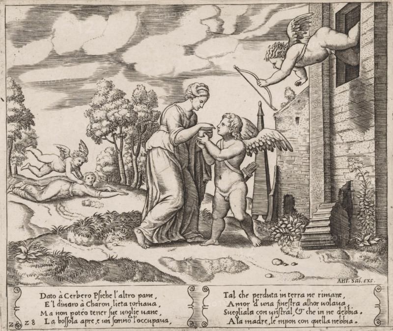 Psyche opens the jar with Proserpina's beauty, Story of Amor and Psyche, print, Series number, 28, 32, Seduced by the idea that it will make her more beautiful, Psyche opens the jar filled with the beauty of Proserpina, the goddess of the underworld. On the right, Amor escapes from the window of the palace in which Venus imprisoned him. On the left, the fallen Psyche awakens, after which Amor will take her away. Italian text in two cartouches in the lower margin. Numbered twice lower left: 28., collector's mark: 'Hinloopen', number: '5', printmaker: Meester van de Dobbelsteen, Italy, after design by Michiel Coxie (I), publisher: Antonio Salamanca, Rome, c. 1530 - c. 1560, Master of the Dice, paper, engraving, intaglio printmaking technique, engraving with plate tone, height 198 mm x width 234 mm, A detailed black and white engraving shows a robed woman standing and leaning forward to hand a small object to a winged child who kneels before her, the child holding the object with both han...