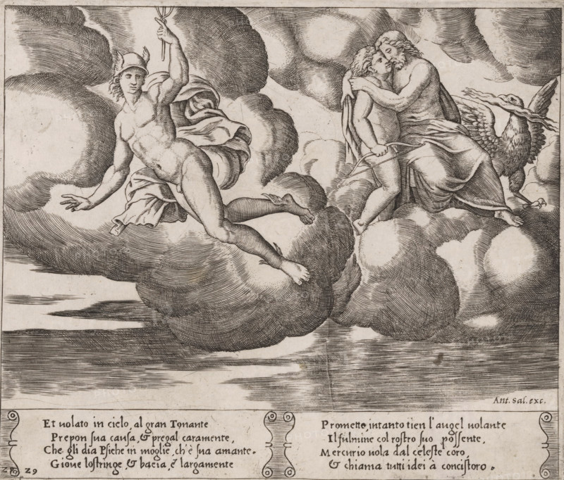 Amor begs Jupiter, Story of Amor and Psyche, print, Series number, 29, 32, Amor begs Jupiter for mercy for the king's daughter Psyche. Right Amor in the arms of Jupiter, beside them the eagle and lightning bolt. Left Mercury, with caduceus in hand, to whom Jupiter commanded to take Psyche to heaven. Italian text in two cartouches in the lower margin. Numbered twice lower left: 29., number: '3', collector's mark: 'Hinloopen', printmaker: Master of the Dice, Italy, after design by Michiel Coxie (I), publisher: Antonio Salamanca, Rome, c. 1530 - c. 1560, paper, engraving, intaglio printmaking technique, engraving with plate tone, height 201 mm x width 237 mm, A monochrome engraving showing figures on clouds across a horizontal scene; on the left a nude winged male wearing a helmet and a draped cloak, reclining on a cloud with one arm extended and the other raised holding a staff with forked prongs, his legs stretched outward; on the right an older bearded man seated on clouds, draped in r...