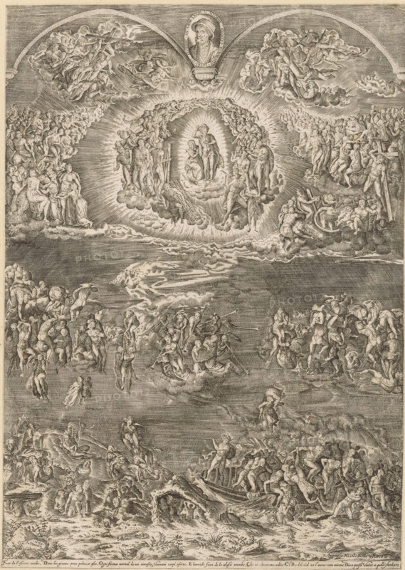Last Judgment, print, The fresco 'The Last Judgment' by Michelangelo in the Sistine Chapel. At the top between the two arches, the portrait of Michelangelo, at the age of 73., collector's mark: 'Hinloopen', after print by Martino Rota, Italy, after painting by Michelangelo, Vatican City, printer (person): Niccolò Nelli, Venice, 1576, Martino Rota, Michelangelo, Niccolò Nelli, printmaker, after print by, after painting by, printer (person), paper, engraving, height 262 mm x width 187 mm, The composition with the portrait of Michelangelo above the fresco is by Martino Rota., Person, portrait, self-portrait of artist, Last Judgement, A densely engraved scene fills the page with numerous human figures arranged across a vertical composition, many clustered on swirling clouds and rays of light near the top, where a central luminous oval surrounds a small group of standing and seated figures with a ladder and cloud platforms; surrounding them are many groups of standing, seated, and reclining...