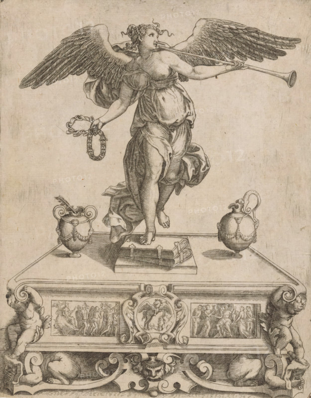 Fame, print, Fame as a winged female figure, standing on two books and blowing a trumpet. In her hand she holds two wreaths formed by ears, tongues, and eyes., collector's mark: 'Hinloopen', number: '4', Italy, 1500 - 1599, printmaker, paper, engraving, etching, intaglio printmaking technique, etching and engraving with plate tone, height 224 mm x width 175 mm, 'Fama', 'Fama buona', 'Fama chiara' (Ripa), horn, trumpet, cornet, trombone, tuba, eyes, ears, tongue, A detailed ink engraving shows a winged female figure standing on a raised rectangular plinth, one foot forward with draped cloth around her waist and torso, hair tied back with loose curls, and large feathered wings extended. She holds a long trumpet to her lips with one hand and a wreath with the other. Flanking the plinth are two ornate urns with decorative handles and hanging garlands. On the plinth surface lie a closed book and a set of tied objects. The supporting structure beneath the plinth is richly carved with scrollw...