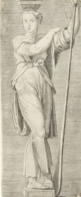Caryatid with oar, print, A caryatid, standing cross-legged and leaning on an oar, symbolizes maritime trade., collector's mark: 11, printmaker: Cornelis Bos, after painting by Giovanni Francesco Penni, after drawing by Rafaël, c. 1537 - c. 1555, Cornelis Bos, Giovanni Francesco Penni, Rafaël, printmaker, after painting by, after drawing by, paper, engraving, gravure, height 200 mm x width 83 mm, caryatids, architecture, trade, commerce and finance, A tall engraved figure of a person standing on a rectangular plinth, wearing a draped garment tied at the waist and sandals, with one arm raised to hold a long staff that extends beyond the top of the image; the head shows short wavy hair and a composed facial expression, a decorative element rests atop the head, and fine parallel hatching fills the background and provides shading across the folds of the clothing and the contours of the limbs.