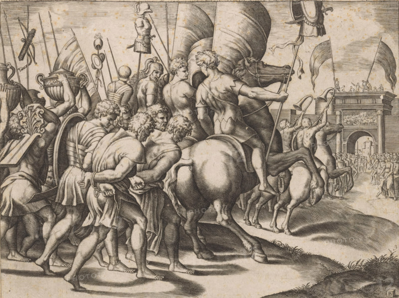 Triumph of Scipio, print, Triumphal procession of Scipio Africanus in Rome after his victory over the Carthaginian army. Behind the victors on horseback walk the chained vanquished. On the right a triumphal arch., collector's mark: 'Hinloopen', printmaker: Master of the Dice, Italy, after design by Raphael, c. 1530 - c. 1560, Master of the Dice, Raphael, printmaker, after design by, paper, engraving, intaglio printmaking technique, engraving with plate tone, height 187 mm x width 247 mm, triumphal arch, triumph of Scipio, A densely packed scene of engraved figures and horses moving toward a distant triumphal arch, dominated by muscular, partially clothed men seen from behind and in profile, some mounted and some on foot, carrying rods, standards, and large ornate objects; several helmeted soldiers and youths with curly hair are visible among the group, and decorative armor and shields appear held or slung; horses with detailed harnesses and flowing manes are interspersed with the peopl...