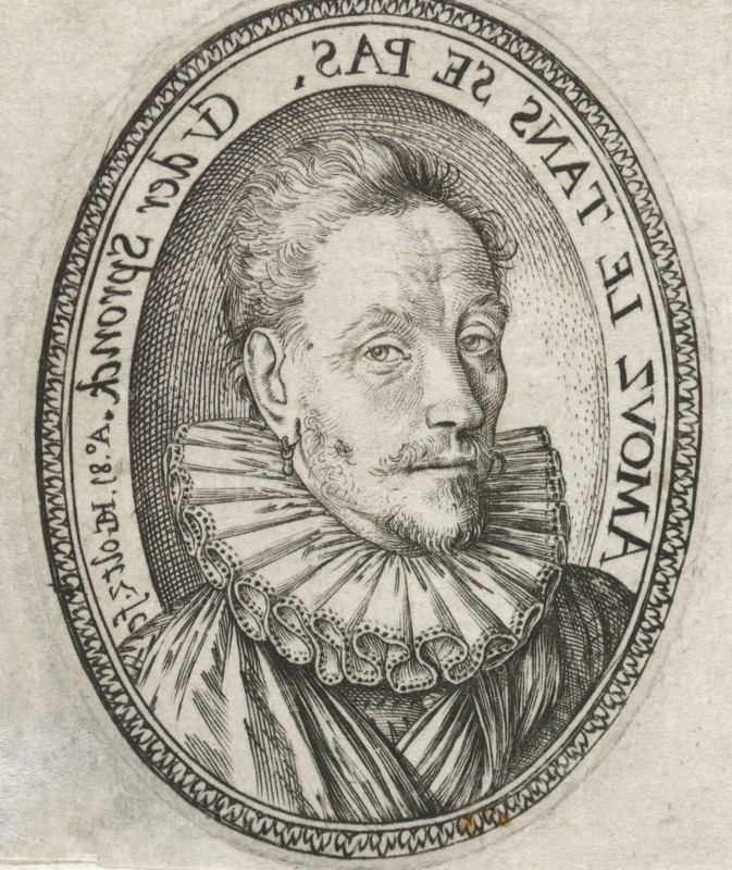 Portrait of Geeraert Verspronck, print, Portrait bust of Geeraert Verspronck, in oval with mirrored edge writing., printmaker: Hendrick Goltzius, Haarlem, 1581, paper, engraving, height 47 mm x width 35 mm, portrait, self-portrait of artist, An oval engraving shows a half-length portrait of a man wearing a high ruffled collar and layered clothing, his face turned slightly to one side with a small mustache and pointed beard, finely detailed hair combed back, an earring in one ear, and closely hatched shading around the head and within the oval frame that is decorated with a repeating inner border pattern.