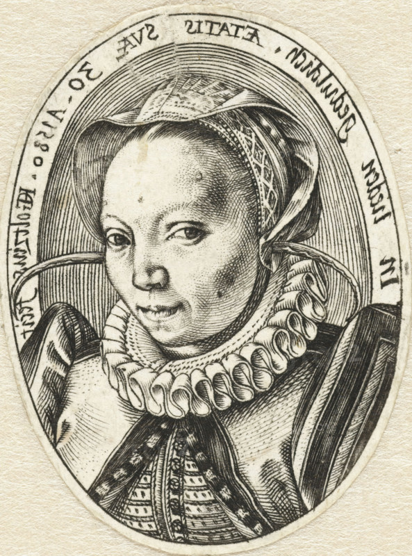 Portrait of Grietgen Jansdr, the Artist's Wife, print, Portrait of (probably) Grietgen Jansdatter, wife of Hendrick Goltzius, at the age of 30. Only Grietgen's head, turned slightly to the right, is depicted. Edge lettering with motto in mirror image. Imprint of a (silver?) medallion., signature: 'HGoltzius fecit.', date: 'A 1580', edge inscription: 'In Mannen patience. Aetatis sua 30', printmaker: Hendrick Goltzius, Haarlem, 1580, paper, engraving, engraving in silver, height 42 mm x width 31 mm, Person, Margaretha Jansdatter, historical persons, A close-up black and white engraved portrait of a person shown from the shoulders up inside an oval frame, wearing a head covering with patterned fabric and a folded brim, a high ruffled collar with looped folds, and a patterned garment with vertical decorative elements; the face has detailed shading and fine linework showing the eyes, nose, mouth, and textured skin; concentric engraved lines fill the background inside the oval and the image ...