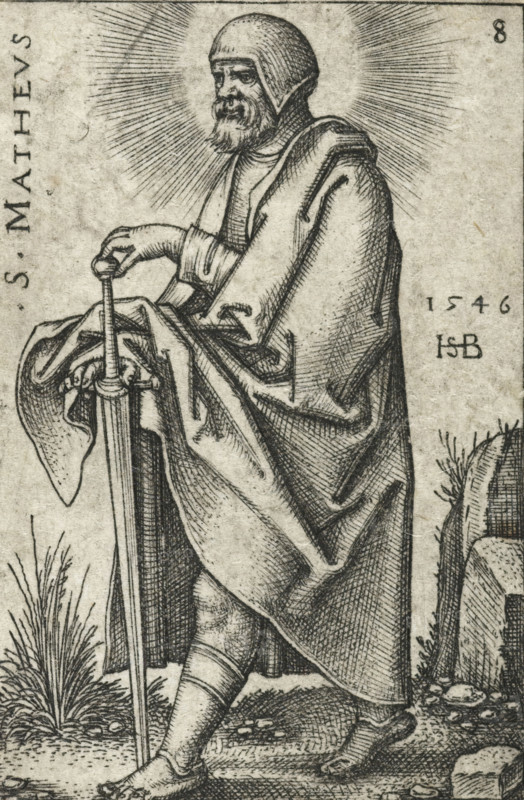 Matthew, S. Mathevs, Twelve Apostles, print, Series number, 8, 12, printmaker: Hans Sebald Beham, Frankfurt am Main, 1546, Hesse, paper, engraving, height 46 mm x width 30 mm, the apostle and evangelist Matthew (Mattheus), possible attributes: angel, axe, book, halberd, pen and inkhorn, purse, scroll, square, sword, A detailed black and white line engraving of a robed bearded figure wearing a close-fitting cap and a cloak that drapes in folds, standing with one hand resting on the pommel of a long sword whose point contacts the ground; the figure has a halo of radiating lines around the head, visible texture and crosshatching throughout the clothing and cloak, and bare feet stepping on a rocky, grassy ground with small plants and stones; to the left vertical text appears along the image border and to the right there are small marks and letters near the figure's shoulder and hip.
