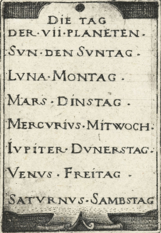 Title page with list of seven days and the corresponding planets, Seven planets and constellations, print, printmaker: Hans Sebald Beham, Frankfurt am Main, 1539, Hessen, paper, engraving, gravure, height 43 mm x width 30 mm, title-page, A narrow, aged rectangular page with a decorative top border and a textured, slightly stained background, featuring several horizontal ruled lines and an ornate lower border motif; evenly spaced rows of dark serif lettering in a classical style appear down the center of the page, each row separated by visible spacing, and small dots or marks appear between words; the ink shows slight irregularities and wear, and the paper has a fibrous, off-white tone with scattered specks and minor smudges.