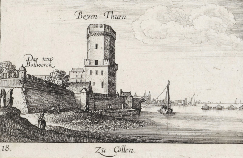 View of the city walls of Cologne, Zu Cöllen, Amoenissimae Aliquot Locorum In Diversis Provincijs iacentiu Effigies, Cityscapes and landscapes, print, Series number, 18, 24, printmaker: Wenceslaus Hollar, Cologne, publisher: Abraham Hogenberg, 1635, North Rhine-Westphalia, paper, etching, height 61 mm x width 94 mm, city-walls, city-view, and landscape with man-made constructions, A riverside scene rendered in fine black ink lines shows a tall stone tower with crenellations rising behind a fortified wall and a small gatehouse, a few smaller buildings clustered nearby and trees behind the wall, a shoreline with textured ground where small figures stand and walk, a sailing boat moored near the wall with its mast and rigging visible and additional small boats on the water, a distant city skyline with spires and low structures along the far bank, stylized clouds in the sky and delicate horizontal line shading across the background.