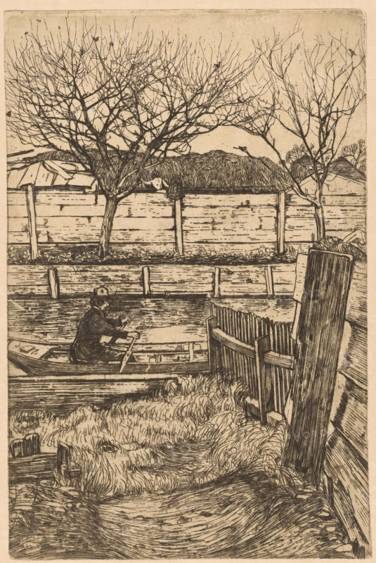 Man in a rowboat, probably at the Slatuinen in Amsterdam, print, In the background a wooden fence with haystacks behind it., printmaker: Pieter Dupont, Amsterdam, 1894 - 1895, paper, zinc etching, intaglio printmaking technique, height 290 mm x width 190 mm, rowing-boat, canoe, hay-stack, Baarsjes, A monochrome etched scene shows a riverbank with tall grasses in the foreground, a wooden path or worn ground leading toward the water, and a leaning wooden fence and planks on the right. In the middle ground a small rowboat with a seated figure wearing a hat is being rowed along the water, with a simple dock or posts along the far bank behind it. Beyond the bank a horizontal fence runs across the image, and leafless trees with intricate bare branches rise above the fence, some with small birds perched among the twigs. Behind the trees are low thatched roofs and simple buildings partially visible, and the sky above is plain and unadorned.