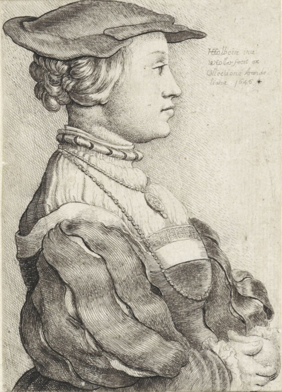Portrait of a woman with a bonnet, in profile, Portrait of Anna of Cleves (?), print, printmaker: Wenceslaus Hollar, Antwerp, after painting by Hans Holbein (II), 1646, paper, etching, height 95 mm x width 67 mm, Person, Anna of Cleves (Queen of England), head-gear (BONNET) (men's clothes), anonymous historical person portrayed alone - BB - woman, A finely detailed black and white line drawing of a person shown in profile facing right, wearing a soft, flat hat and hair styled in waves and rolls at the back, with a smooth, youthful face and a straight nose. The figure wears a high collar with layered necklaces and a long chain with a pendant over a textured garment, and voluminous, folded sleeves with visible seams and shading. The background is hatched closely with diagonal lines, and the overall image shows fine crosshatching and delicate line work.