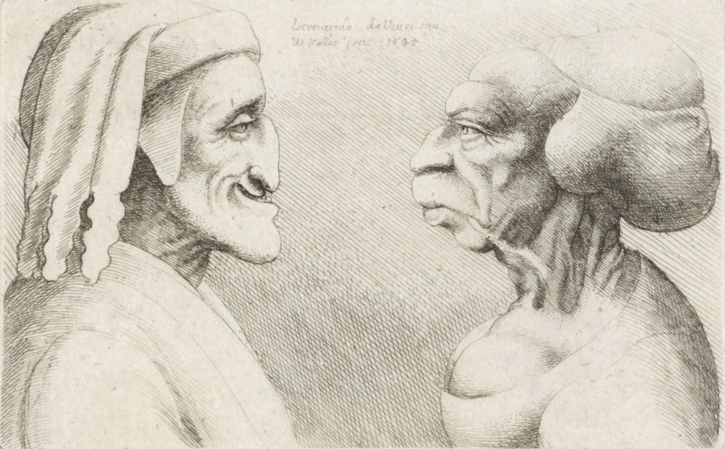 Deformed caricature heads of a man with a cap (Dante?) and a woman, Caricatures, heads and deformities after Leonardo da Vinci, Varie figurae et probae, print, printmaker: Wenceslaus Hollar, Antwerp, after drawing by Leonardo da Vinci, 1645, paper, etching, height 72 mm x width 114 mm, The series consists of a title print and thirteen subsequent prints, of which the first state is unnumbered. Every second or third state is numbered with a number-letter combination or just a number., disabilities, deformations, head-gear: cap (men's clothes), caricatures (human types), Two bust-length profile figures face each other across the image, drawn in fine linear etching on a light textured background. The figure on the left wears a draped head covering with long hanging folds and has a pronounced hooked nose, a visible eye with a slightly arched brow, a smiling mouth with defined teeth, and a high cheekbone; shading is created with closely spaced parallel and cross-hatched lines. The figure on ...