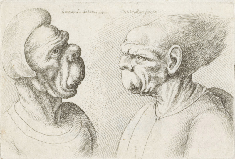 Two deformed heads, Varie figurae et probae, Caricatures, heads and deformities after Leonardo da Vinci, print, printmaker: Wenceslaus Hollar, Antwerp, after drawing by Leonardo da Vinci, 1645, paper, etching, height 71 mm x width 106 mm, The series consists of a title print and thirteen subsequent prints, of which the first state is unnumbered. Every second or third state is numbered with a number-letter combination or just a number., disabilities, deformations, head-gear, A black and white line drawing of two busts facing each other, both showing exaggerated, distorted facial features with prominent brows, deep wrinkles, and large jutting noses. The left figure wears a rounded hat and a draped garment and has heavy folds around the mouth and neck, with a visible eye looking toward the right. The right figure has a high forehead, a pronounced ear, and a hair mass swept back, along with deep lines on the cheek and neck and a simple garment with a small round clasp at the throat. The ba...