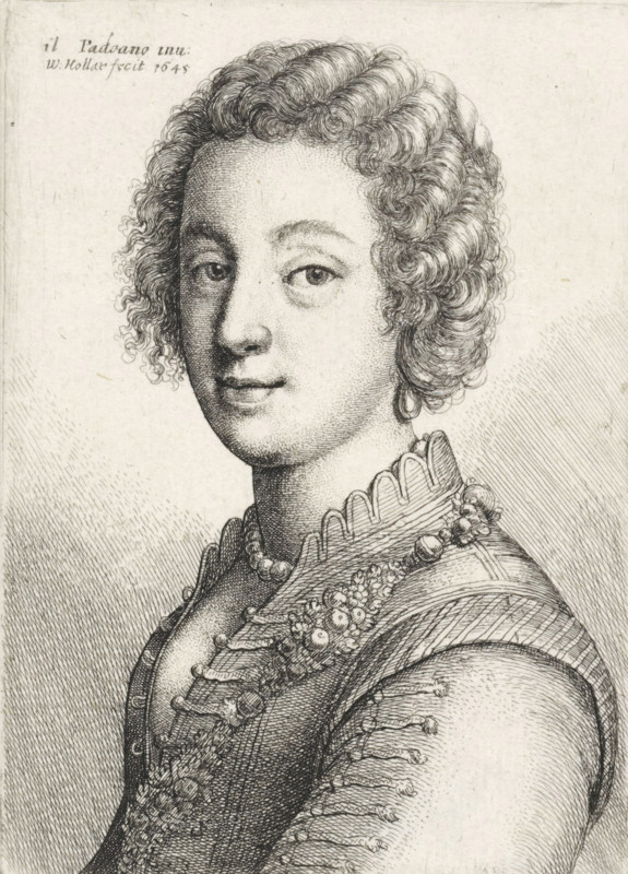 Portrait of young woman with short curly hair, print, printmaker: Wenceslaus Hollar, Antwerp, after design by Padovanino, 1645, paper, etching, height 102 mm x width 73 mm, anonymous historical person depicted alone - BB - woman, A finely detailed black and white engraved portrait of a young person shown from the chest up in three-quarter view, with short curly hair framing the forehead and temples and soft facial features including a straight nose and slightly smiling lips, wearing an ornate garment with a high scalloped collar, a beaded necklace, and decorative floral and ribbon embellishments on the bodice and sleeves, rendered with delicate crosshatching and fine line work against a light textured background.