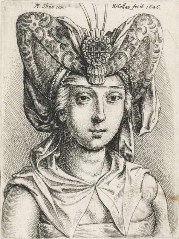 Portrait of woman with V-shaped bourrelet on the head, print, printmaker: Wenceslaus Hollar, Antwerp, after design by Martin Schongauer, 1646, paper, etching, height 75 mm x width 56 mm, anonymous historical person depicted alone - BB - woman, head-gear (BOURRELET) (women's clothes), A black and white etched portrait of a person shown from the chest up wearing an ornate, patterned headdress with folds and decorative motifs and a central jeweled ornament, the face rendered with fine stippling and line work showing neutral expression and almond-shaped eyes, hair peeking beneath the headpiece, draped garments around the shoulders with visible folds and texture, and a lightly hatched background.