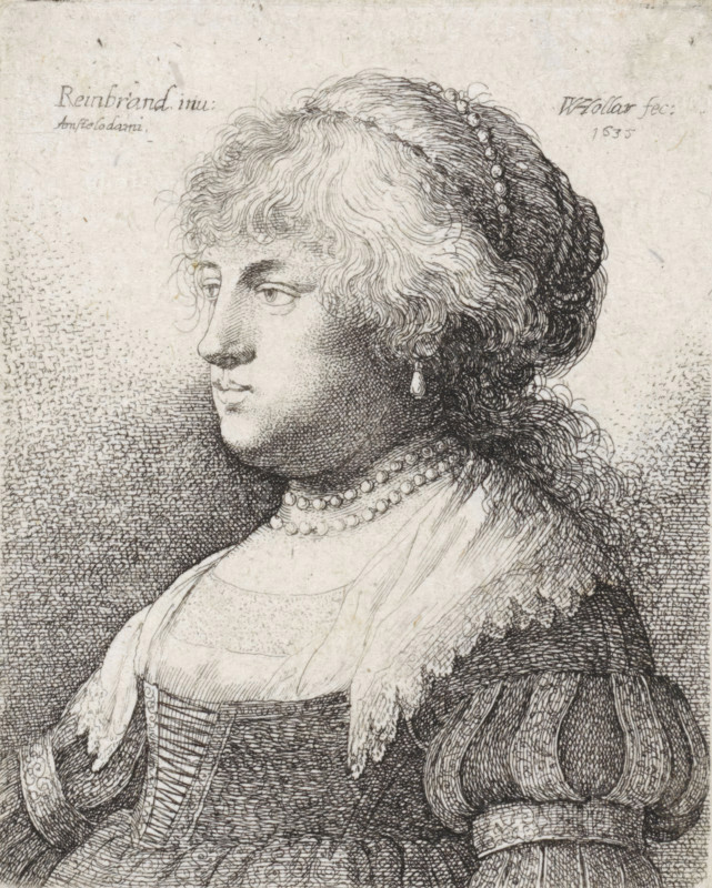 Portrait of Saskia with a pearl necklace in her hair, Reisbüchlein, Small travel book with various portraits, print, printmaker: Wenceslaus Hollar, Germany, after print by Rembrandt van Rijn, 1635, 1636, Rembrandt van Rijn, after print by, paper, etching, height 67 mm x width 54 mm, Unnumbered print from the 24-part series 'Reisbüchlein'., Person, Saskia van Uylenburgh, A finely detailed ink drawing of a woman shown in profile facing left, with curly hair swept back and adorned with a beaded headband; she wears a drop earring and layered necklaces, including a strand of pearls, and her clothing includes a square neckline, a bodice with lacing, puffed sleeves with decorative bands, and a shawl or collar with textured edges. The shading is formed by closely spaced lines and stippling, and the background is filled with dense cross-hatching that lightens toward the top. The overall image is monochrome with intricate line work emphasizing texture in hair, fabric, and skin.